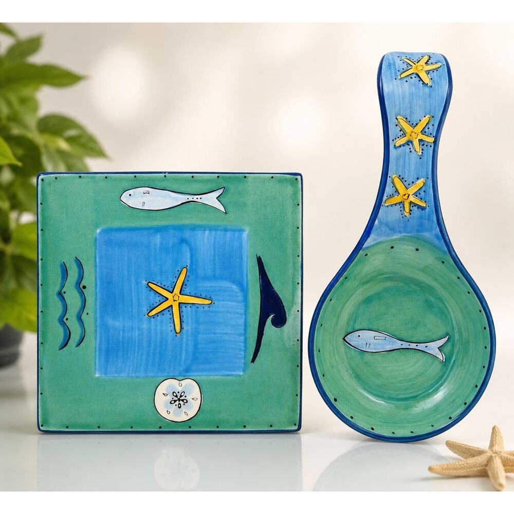 Handpainted Coastal Theme Trivet & Spoon Rest Set Fish Starfish Beach Decor